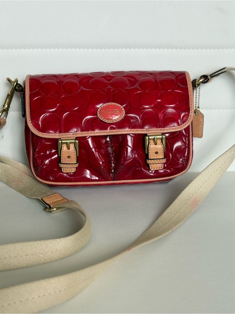Coach Peyton Signature Patent Leather Crossbody Bag in Red